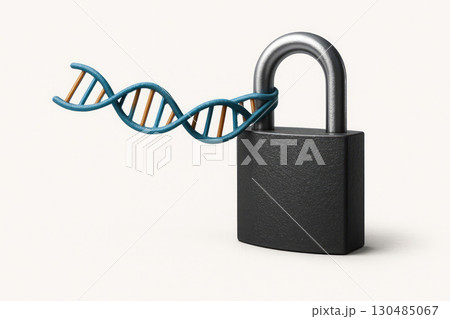 A lock with a DNA arc on a white background. 130485067