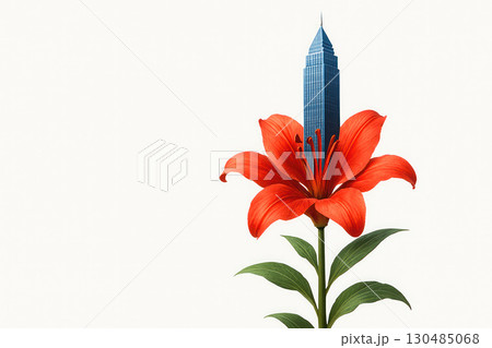 A skyscraper grows from a lily flower. Space for text. 130485068