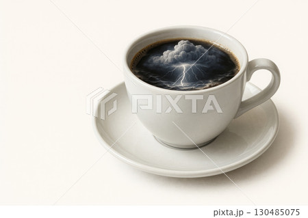 A white cup of coffee with storm clouds and lightning inside. Space for text. A white cup of coffee with storm clouds and lightning inside. Space for text. 130485075
