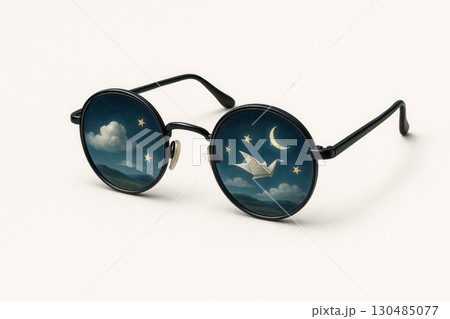 Glasses in which stars, clouds and a crane are reflected. 130485077