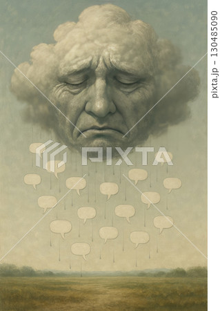 A cloud with a sad face is crying with speech bubbles. 130485090