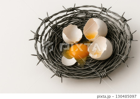Broken eggs in a barbed wire nest on a light background. Broken eggs in a barbed wire nest on a light background. 130485097