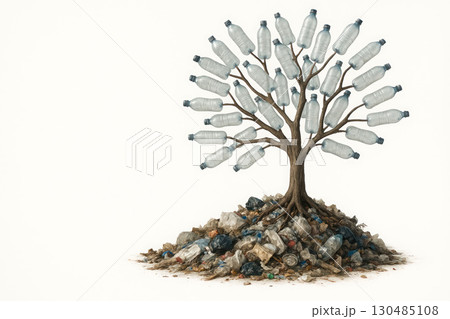 A tree with plastic bottles instead of leaves grows on garbage. Space for text. A tree with plastic bottles instead of leaves grows on garbage. Space for text. 130485108