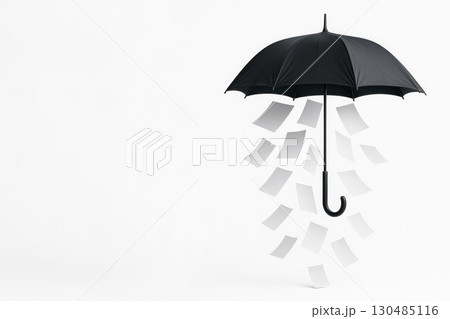 A black umbrella from which sheets of paper fall instead of rain, on a white background. Space for text. A black umbrella from which sheets of paper fall instead of rain, on a white background. Space for text. 130485116