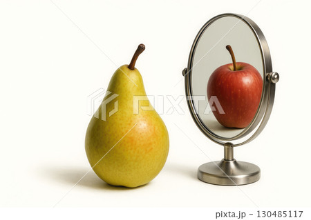 The pear looks in the mirror and sees an apple. The pear looks in the mirror and sees an apple. 130485117