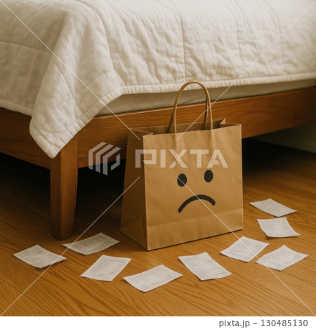 A sad paper bag is hidden under the bed among the checks. A sad paper bag is hidden under the bed among the checks. 130485130