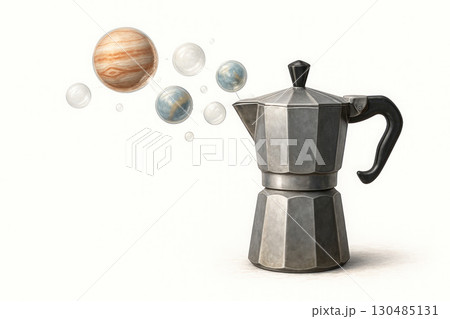 Coffee maker with planets and bubbles on a light background. Space for text. Coffee maker with planets and bubbles on a light background. Space for text. 130485131