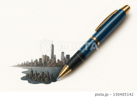 A pen draws a city out of ink. Space for text. A pen draws a city out of ink. Space for text. 130485142