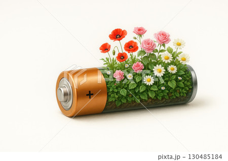 A battery from which flowers grow. Space for text. A battery from which flowers grow. Space for text. 130485184