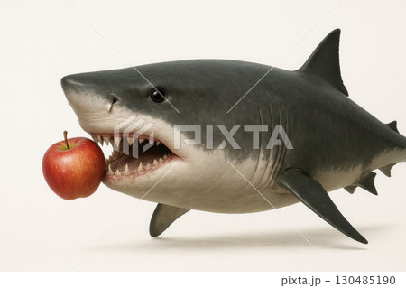 Shark with an apple in its mouth. Shark with an apple in its mouth. 130485190