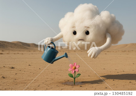 A sad cloud waters a flower in a desert area. 130485192