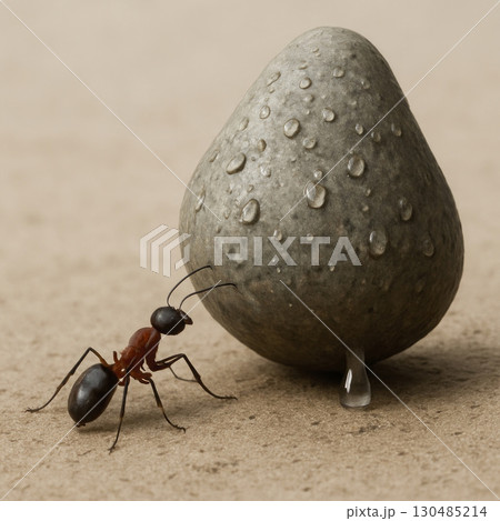 An ant and a drop of water on a stone. An ant and a drop of water on a stone. 130485214