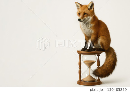Fox sitting on an hourglass on a light background. Space for text. 130485239