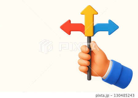 The hand is holding a pointer with multi-colored arrows. Space for text. The hand is holding a pointer with multi-colored arrows. Space for text. 130485243