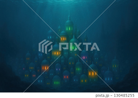 An underwater city with brightly glowing windows. 130485255