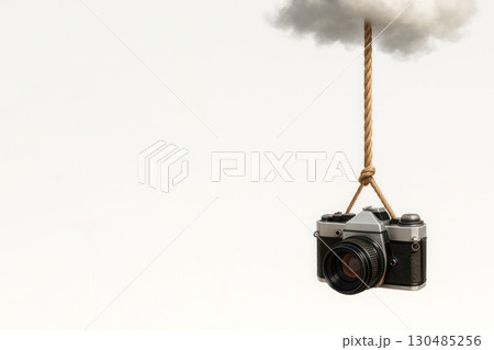 A camera suspended from a cloud on a rope. Space for text. A camera suspended from a cloud on a rope. Space for text. 130485256