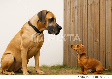 A large and a small dog look at each other near the fence. 130485257