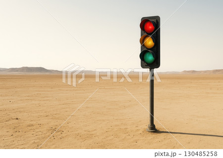 Traffic light in the desert. Space for text. 130485258