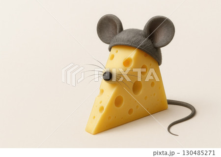 A piece of cheese is dressed up as a mouse. Space for text. 130485271