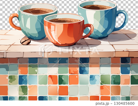 Watercolor tile counter and coffee 130485600