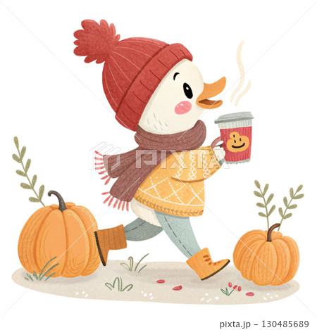 Watercolor illustration of a duck with a wool hat and striped scarf White Background 130485689