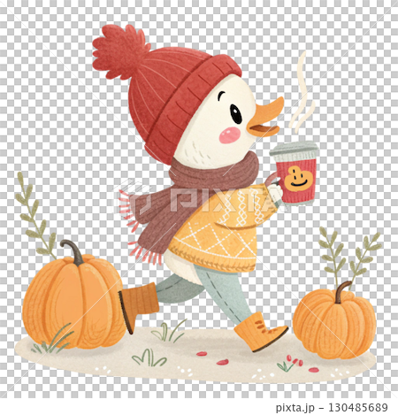 Watercolor illustration of a duck with a wool hat and striped scarf White Background 130485689