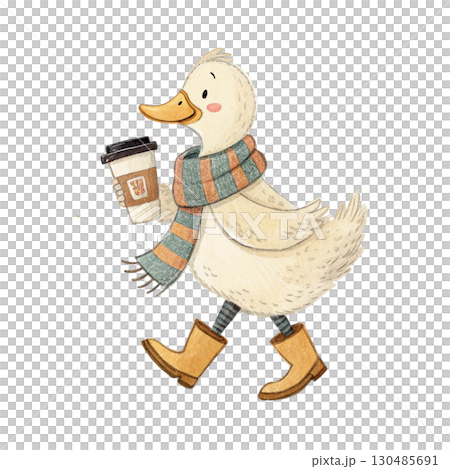 Watercolor illustration of a duck with a wool hat and striped scarf White Background 130485691