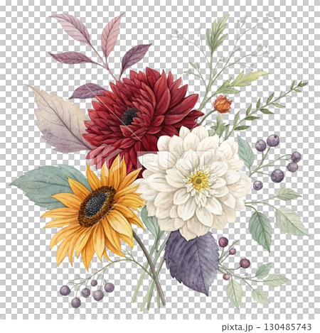 Watercolor illustration of an autumn floral bouquet White Background Watercolor illustration of an autumn floral bouquet White Background 130485743