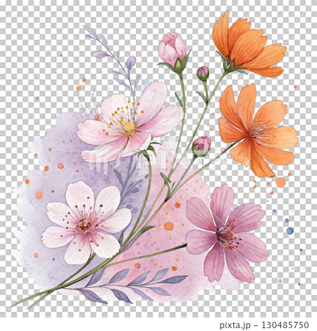 Watercolor illustration of an autumn floral bouquet White Background 130485750