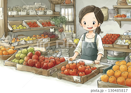 フル充電の妖精・テクノフェアリーのフルーツショップの店員が果物を陳列するシーン　かわいいイラスト素材 130485817