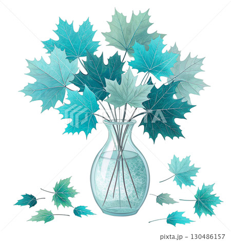 glass vase filled with vibrant autumn maple leaves White Background 130486157