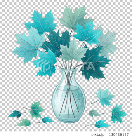 glass vase filled with vibrant autumn maple leaves White Background 130486157