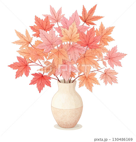 glass vase filled with vibrant autumn maple leaves White Background 130486169