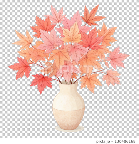 glass vase filled with vibrant autumn maple leaves White Background 130486169