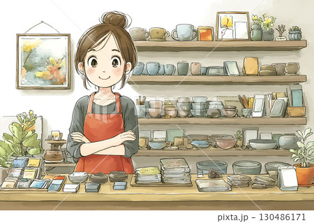 美優シリーズ：雑貨屋で商品を整える女性店員 130486171