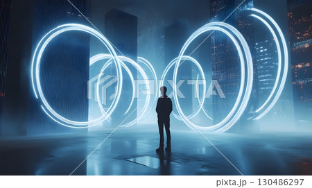 futuristic cityscape with glowing rings and silhouetted person 130486297