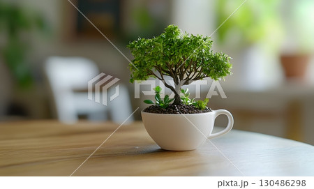 miniature bonsai tree in white cup on wooden table 130486298