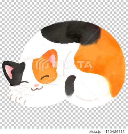 A simple and cute illustration of a calico cat sleeping curled up with a smile - watercolor 130486313