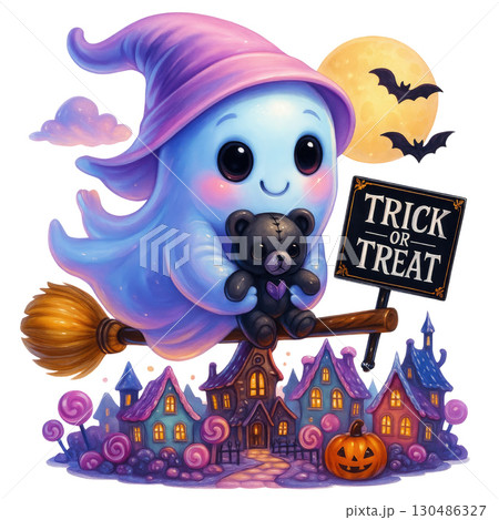 Cute ghost flying broomstick holding teddy bear with trick Cute ghost flying broomstick holding teddy bear with trick 130486327
