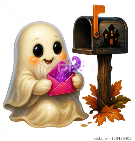 Cute ghost holding magical letter near mailbox with autumn leaves 130486409