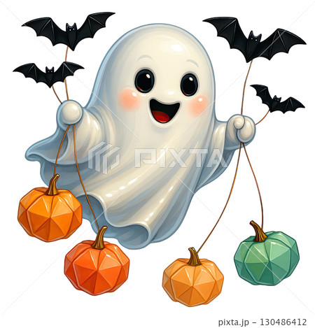 Happy ghost holding pumpkin and bat balloons for Halloween 130486412
