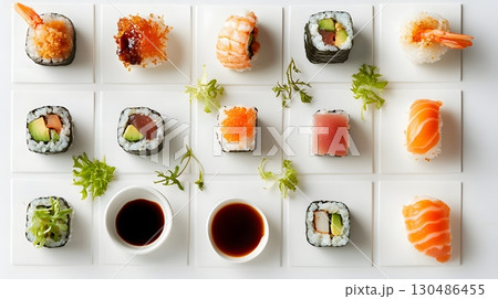assorted sushi platter on white background 130486455
