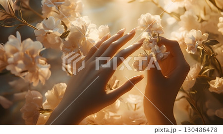soft hands amongst delicate blossoms 130486478