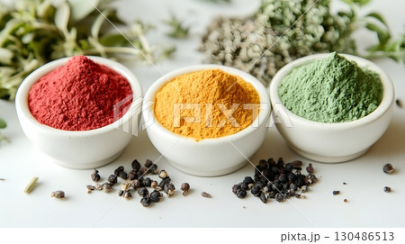 colorful spice powders in bowls 130486513