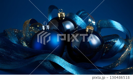 elegant blue christmas ornaments with glitter ribbon 130486518