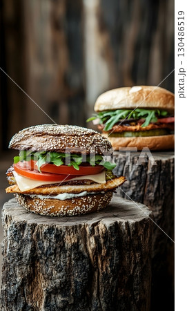 delicious gourmet burgers on rustic wood 130486519