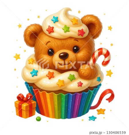 Cute bear cupcake with colorful stars and candy cane 130486539