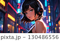 ミッドナイトタウンで音楽を聴く美女のイラスト 130486556