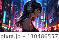 ミッドナイトタウンで音楽を聴く美女のイラスト 130486557