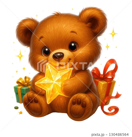 Cute teddy bear holding glowing star with gift boxes and ribbons 130486564